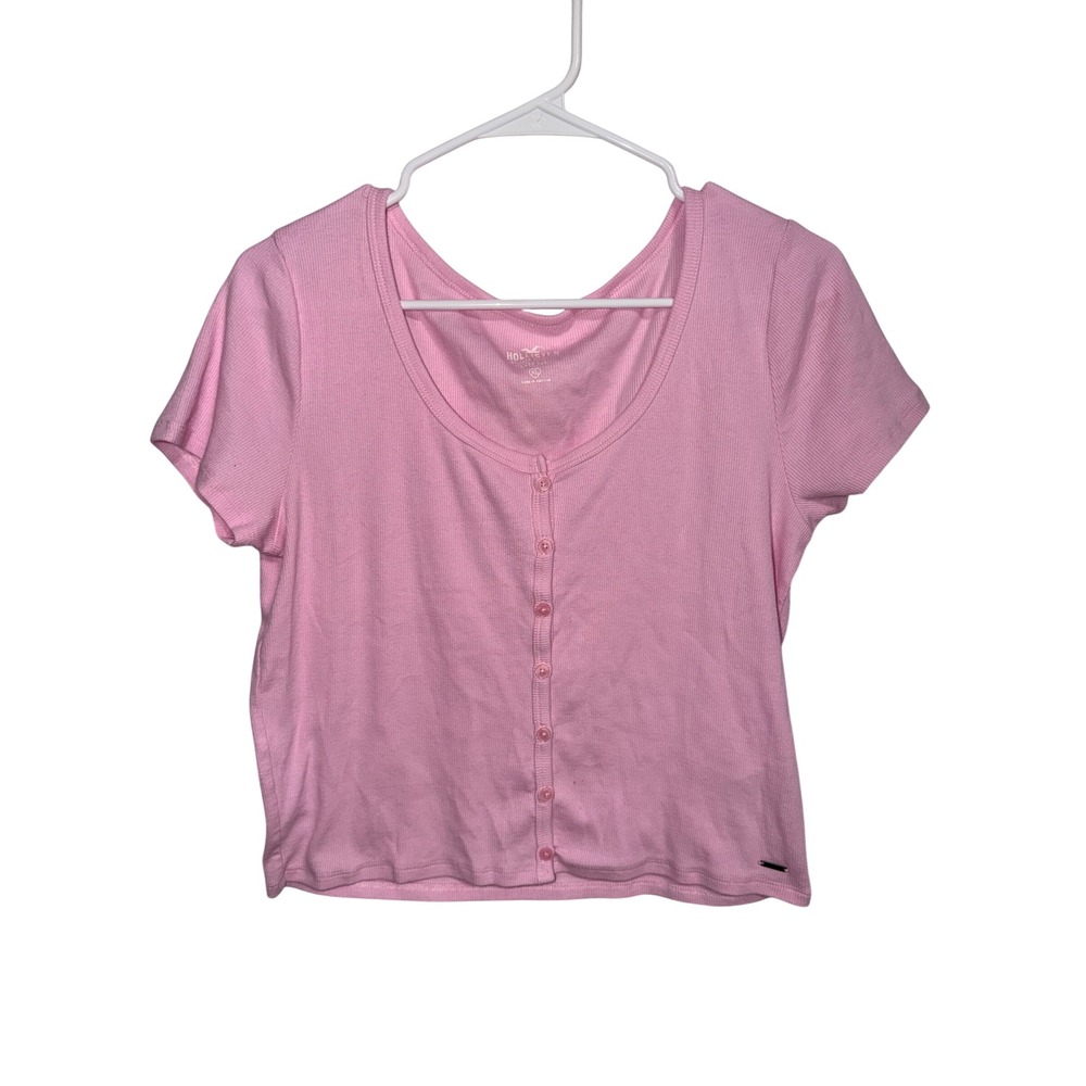 Hollister Pink Ribbed Button Down Baby Tee Short Sleeve Scoop Neck XL